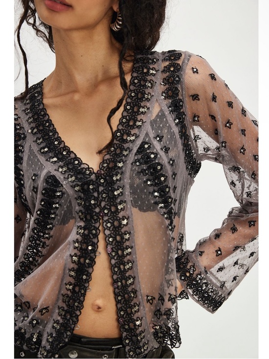Free People Tops - Free People Declan Sequin Sheer Embellished Shirt in Petrified Wood Combo Med